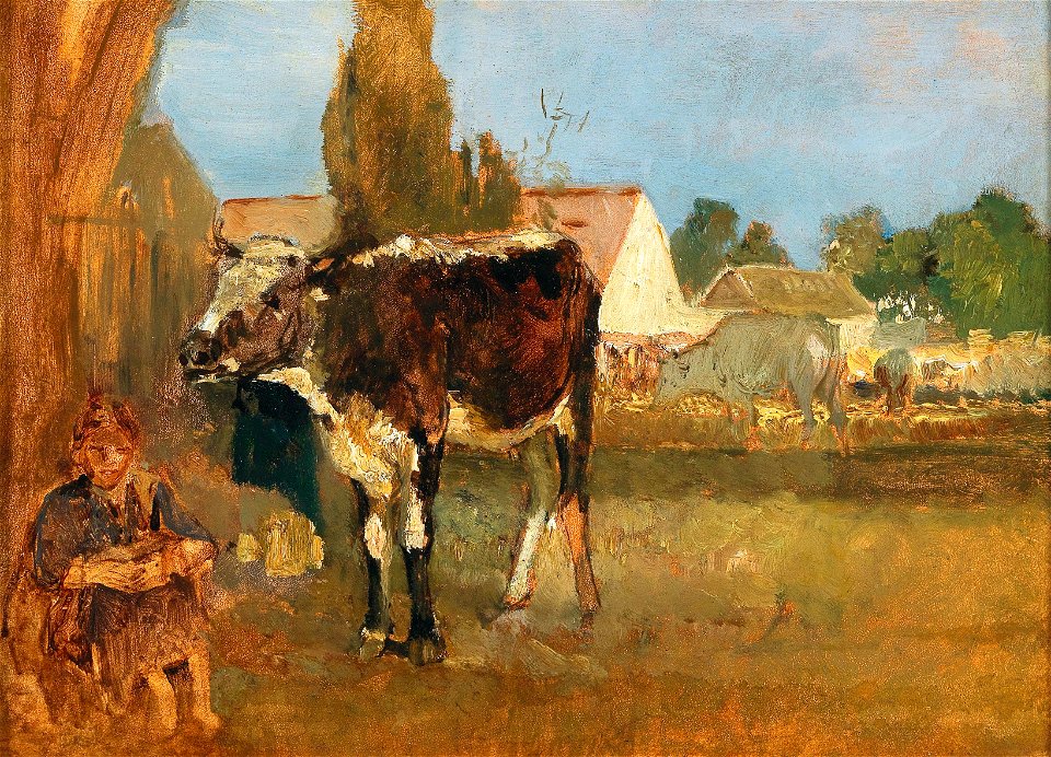 Emil Jakob Schindler - Tierstudie - Landschaft mit Bauernhaus, Kühen und Bäuerin