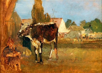 Emil Jakob Schindler - Tierstudie - Landschaft mit Bauernhaus, Kühen und Bäuerin