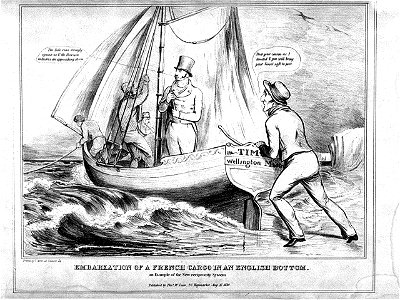 Embarkation of a French Cargo in an English Bottom. An example of the New reciprocity System (caricature) RMG PW3898. Free illustration for personal and commercial use.
