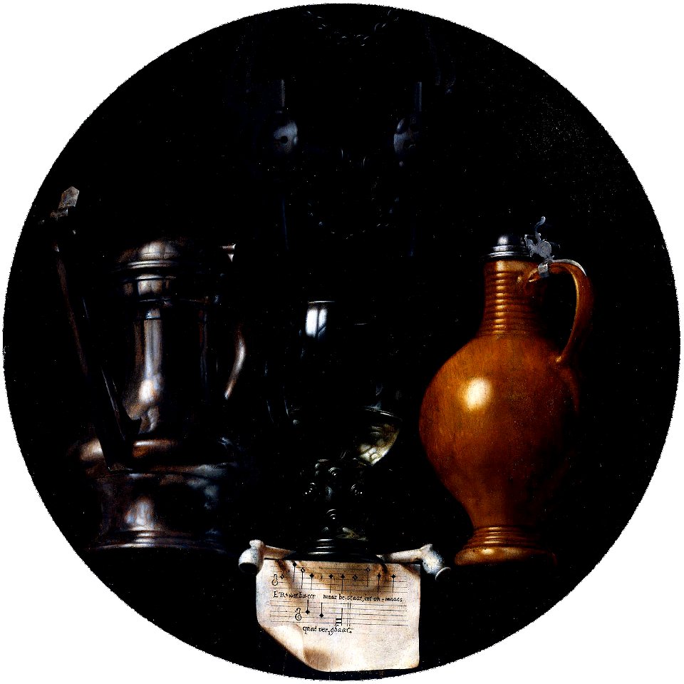 Emblematic still life with flagon, glass, jug and bridle by Torrentius