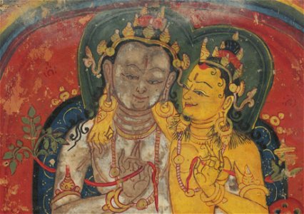 Embrace detail, Tsakalis or Initiation Card, Maitreya, 13-14th century (cropped)