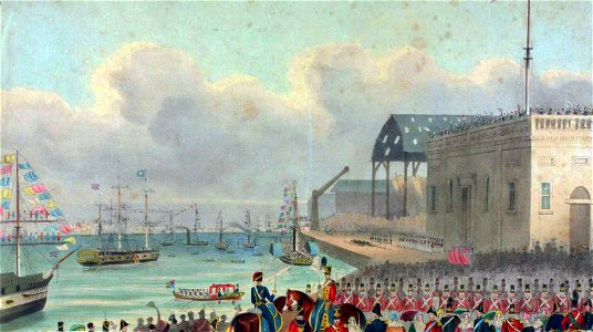 Embarkation of Queen Victoria at Woolwich Dockyard, 1840s LMA