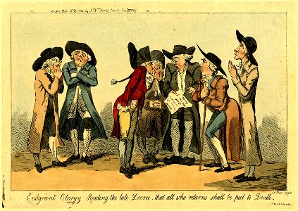 Emigrant clergy reading the late decree, that all who returns shall be put to death. (BM 1868,0808.6236)