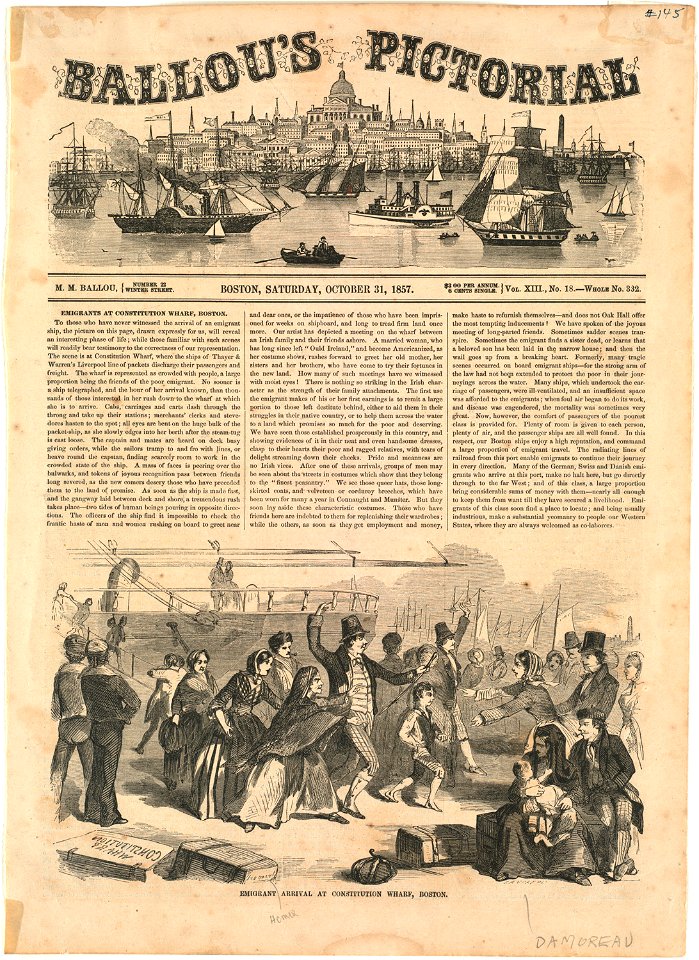 Emigrant arrival at Constitution Wharf, Boston (Boston Public Library)