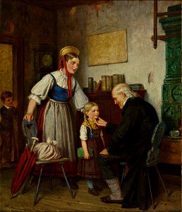 Emil Funk Junge Frau bringt das Töchterlein zum Dorfschullehrer 1880. Free illustration for personal and commercial use.