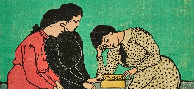 Emil Orlik - Drei Mädchen beim Brettspiel, c. 1907, Farbholzschnitt