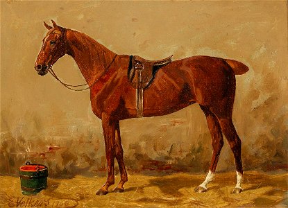 Emil Volkers - Saddled Chestnut in the Stable. Free illustration for personal and commercial use.