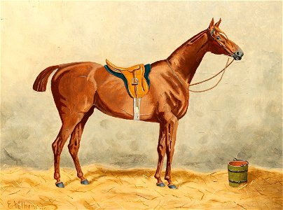Emil Volkers - Saddled Horse in the Stable. Free illustration for personal and commercial use.