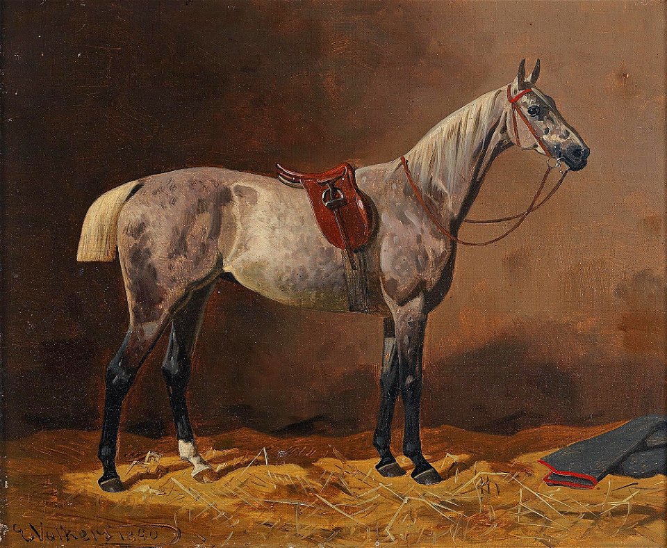 Emil Volkers Gesatteltes Rennpferd im Stall 1890