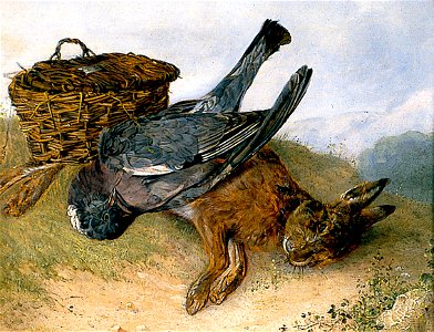 Emily Stannard - Still Life (Hamper with dead wood pigeon and leveret)