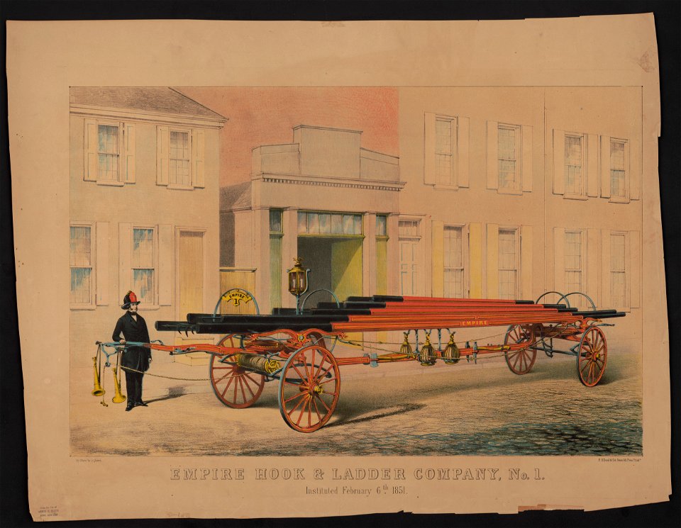 Empire hook & ladder company, no. 1. Instituted February 6th 1851 - on stone by J. Queen ; P.S. Duval & Co's Steam lith. Press Philada. LCCN2015647831