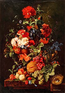 Emilie Preyer - Blumenstillleben mit Früchten und Vogelnest