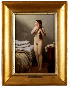 En qvindelig Figur, som staar ved en Seng, reder sit Haar (Christoffer Wilhelm Eckersberg) - Nationalmuseum - 180185