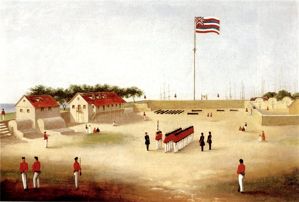 'View of the Honolulu Fort - Interior', oil on canvas painting by Paul Emmert, c. 1853, Hawaii Historical Society