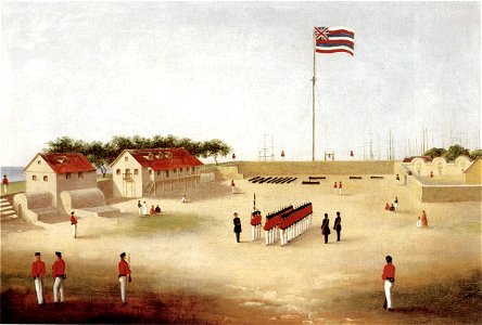 'View of the Honolulu Fort - Interior', oil on canvas painting by Paul Emmert, c. 1853, Hawaii Historical Society