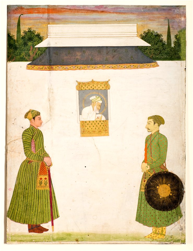 Emperor Aurangzeb at a jharokha window, two noblemen in the foregroundIn (6125045002)