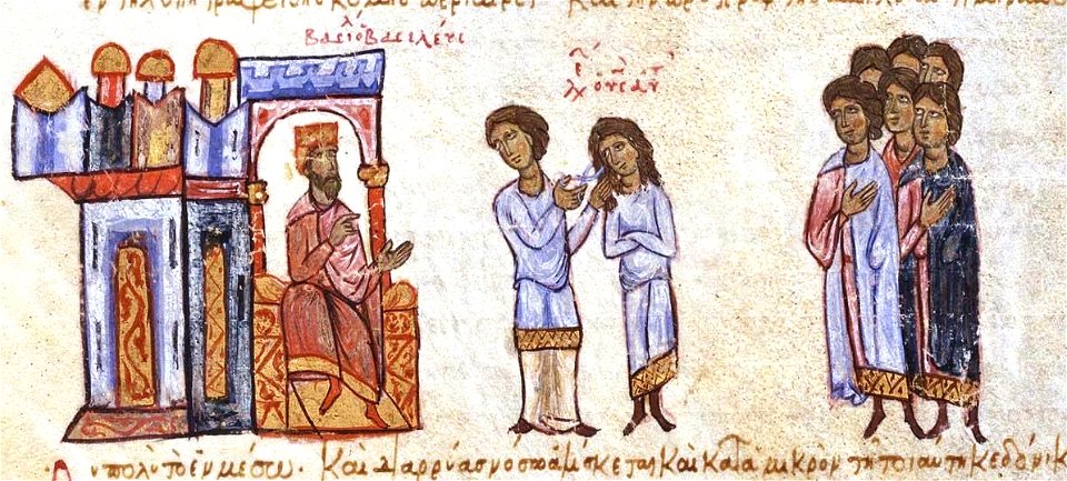 Emperor Basil I orders the hair of his son Leo to be cut