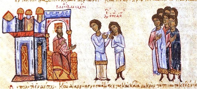 Emperor Basil I orders the hair of his son Leo to be cut