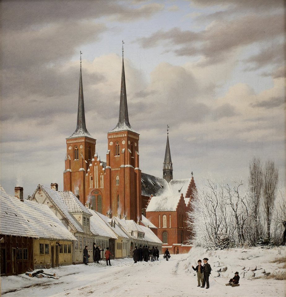 En gade i Roskilde. I baggrunden domkirken. 1836