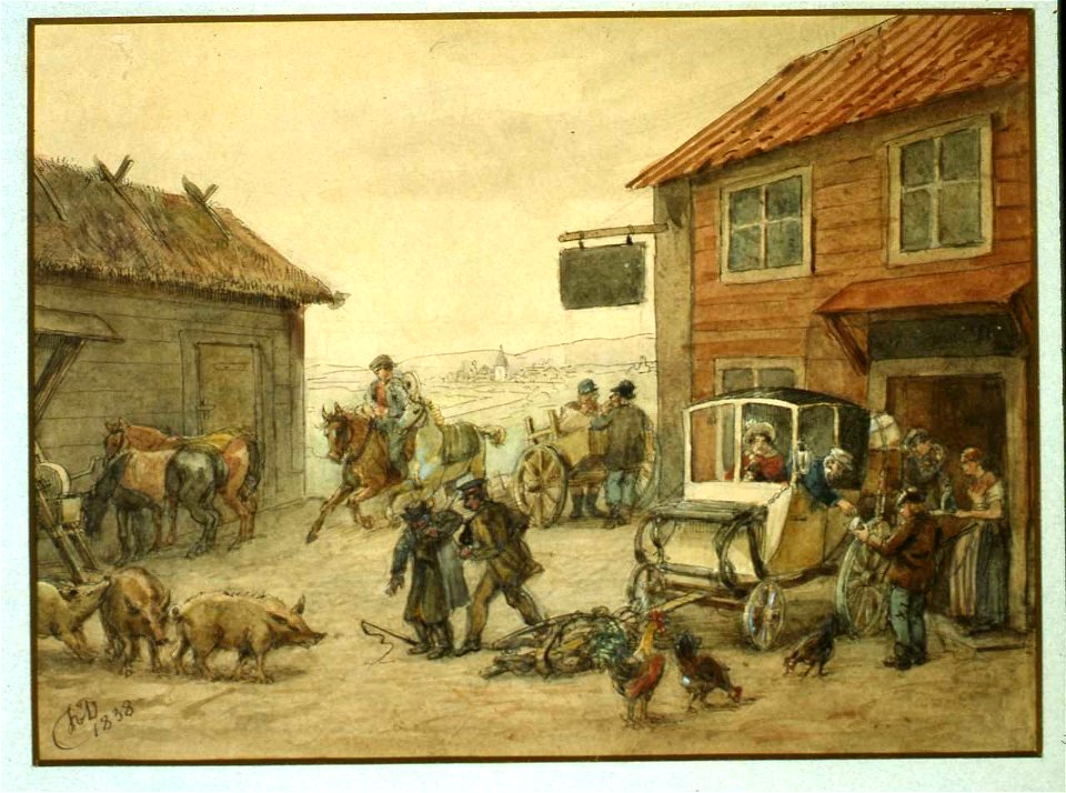 En skjutsbonde blir utskälld och en kommer med sina hästar. Fritz von Dardel, 1838 - Nordiska Museet - NMA.0053790