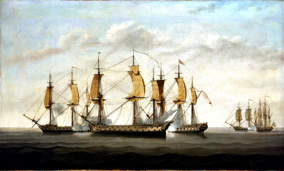 Engagement between three East Indiamen and two French vessels, 8 March 1757 RMG BHC0379