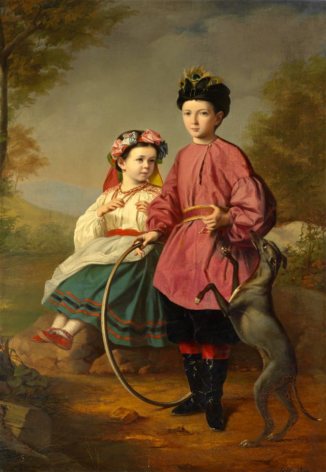 Geschwister mit Windhund und Reifen 1860