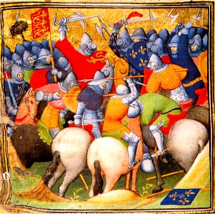 English fighting the French knights at the Battle of Crécy in 1346, Grandes Chroniques de France, 1415 (26228020225)