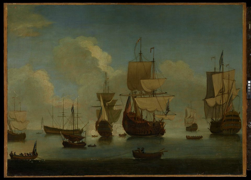 English warships at anchor in a calm, drying sails RMG BHC1009