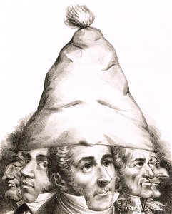 Enigme. Plusieurs têtes de fous dans un bonnet de coton blanc formant la poire……….devinez ! c’est le juste-milieu (détail)