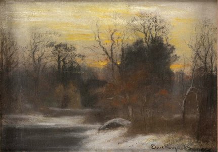 Winter scene at dusk by John Joseph Enneking, 1889, pastel. Free illustration for personal and commercial use.