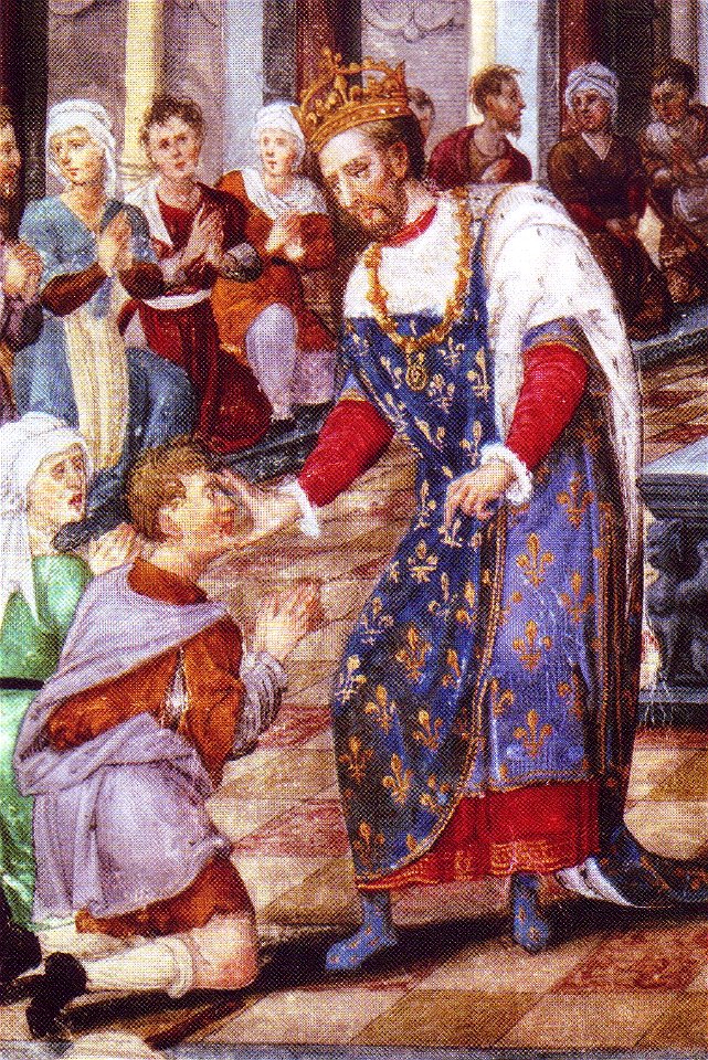 Enrico II di Francia che cura gli scrofolosi (miniatura XVI°)