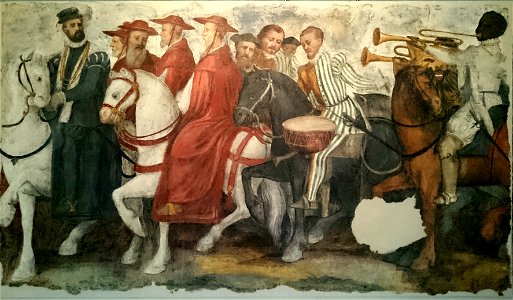 Enrico di Nassau col collare del toson d'oro di Borgogna, seguito da vescovi, prelati e trombettieri (8 de agosto de 2018, Museo degli affreschi Giovanni Battista Cavalcaselle, Verona)