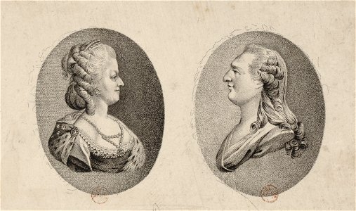 Engraved portraits of Marie Antoinette and Louis XIV. Free illustration for personal and commercial use.