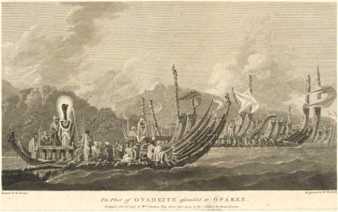 Engraving of 'The Fleet of Otaheite Assembled at Oparee'