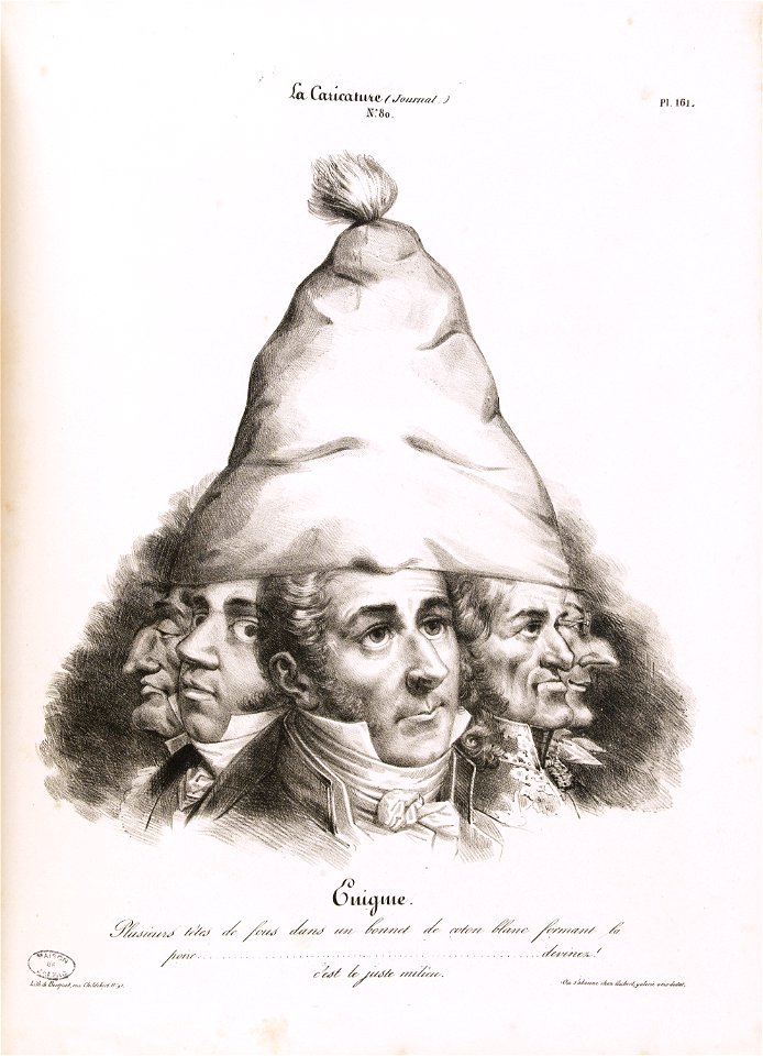 Enigme. Plusieurs têtes de fous dans un bonnet de coton blanc formant la poire……….devinez ! c’est le juste-milieu
