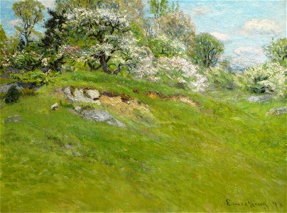 Blossoming Trees along a Hillside by John Joseph Enneking. Free illustration for personal and commercial use.