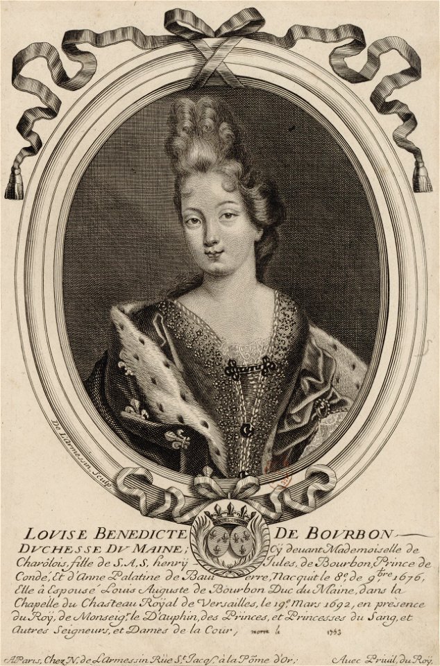 Engraving of Louise Bénédicte de Bourbon (Duchess of Maine), by Nicholas de Larmessin of Paris circa 1690