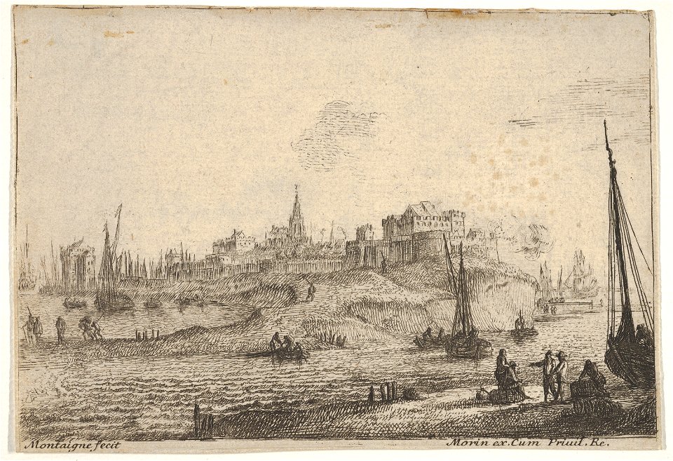 Matthieu van Plattenberg - View of a peninsula with figures and ships with bare masts