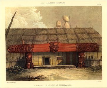 ENTRANCE TO A DWELLING HOUSE AT RAROERA PAH, WAIPA, The New Zealanders Illustrated, 1847. Free illustration for personal and commercial use.