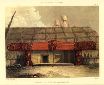 ENTRANCE TO A DWELLING HOUSE AT RAROERA PAH, WAIPA, The New Zealanders Illustrated, 1847