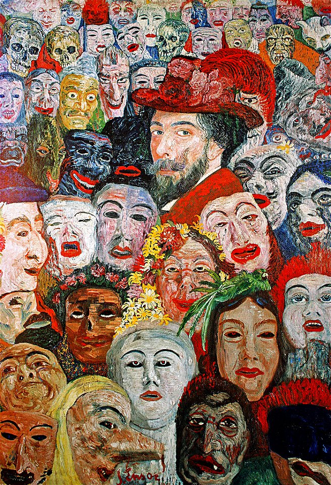 Ensor with Masks, self-portrait, Ensor aux masques, autoportrait, 1899, oil on canvas, 117 x 82 cm, Menard Art Museum, Komaki, Japan