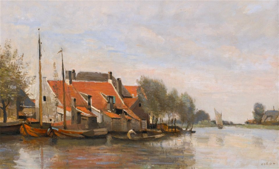 Environ de Rotterdam - petites maisons au bord d'un canal, by Jean-Baptiste-Camille Corot