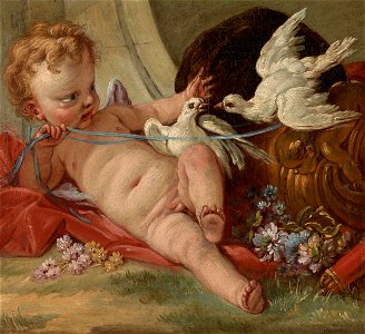 Entourage de François Boucher - Amour tenant deux colombes