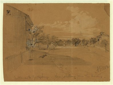 Entrance to Gettysburg-sharpshooting from the houses LCCN2004660057