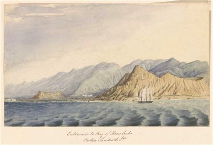 Entrance to bay of Honolulu, Oahu, Sandwich Ids., 1855, watercolour by James Gay Sawkins