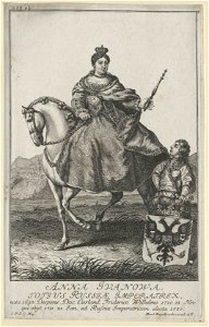 Equestrian portrait of Anna of Russia with page boy (engraving)