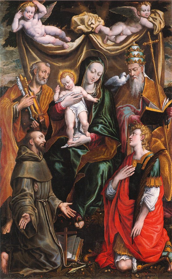 Ercole Ramazzani, Madonna col Bambino e i santi Pietro, Francesco, Gregorio e Floriano, 1591, Serra San Quirico, chiesa parrocchiale di san Quirico