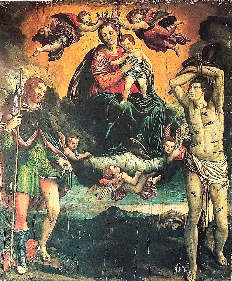 Ercole Ramazzani, Madonna incoronata col Bambino e i santi Rocco e Sebastiano, 1566, Fabriano