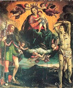 Ercole Ramazzani, Madonna incoronata col Bambino e i santi Rocco e Sebastiano, 1566, Fabriano. Free illustration for personal and commercial use.