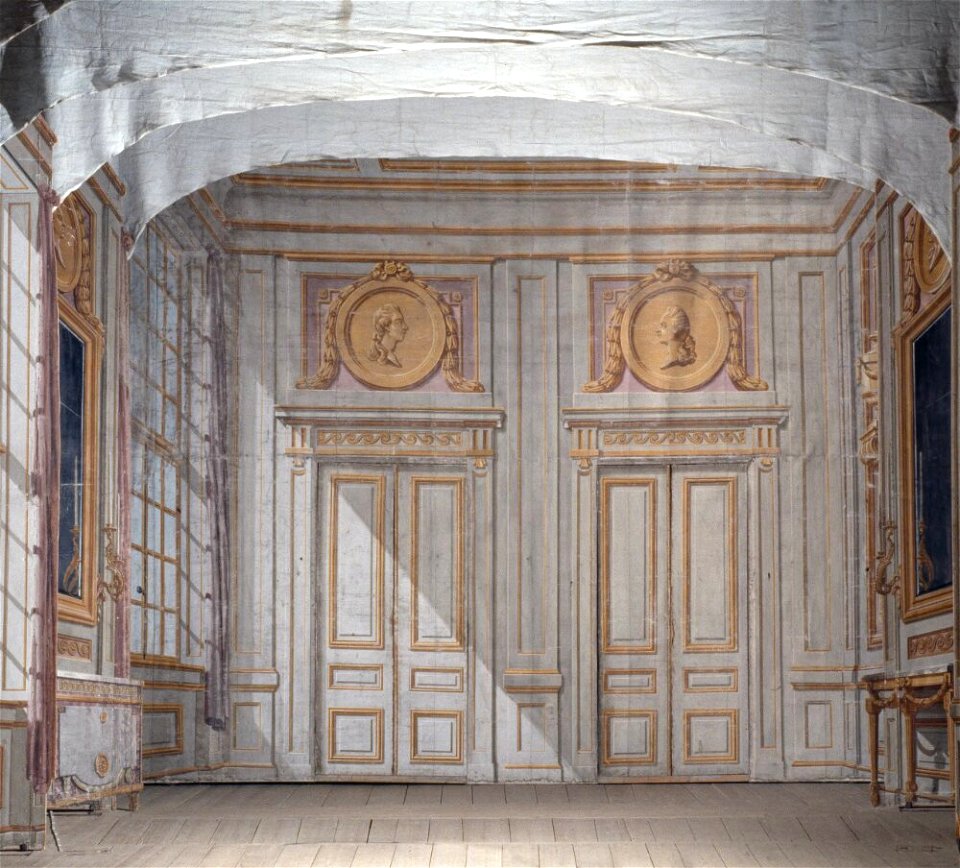 Erik Palmstedt - Del av Kuliss till en kammare, 15 delar, Fondvägg, interiör med två dubbeldörrar - NMGrh 3804j - Nationalmuseum